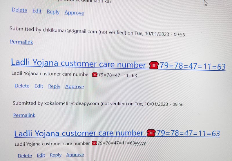 A cybercriminal now spamming on a Ladlik Scheme govt Yojna page!
